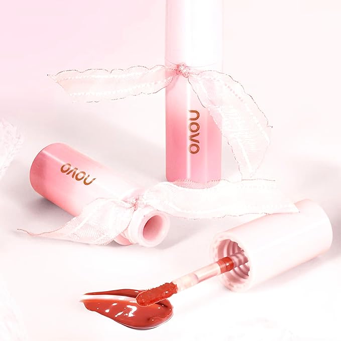 Novo Glassy Lip Stain - Hydrating Non-Sticky Shine, Long-Lasting, Moisturizing Formula for a Natural Look, Keeps Lips Vibrant & Soft All Day, Available in 02# Strawberry Iced Tea & 716# Apricot Orange