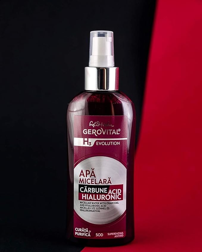 GEROVITAL EVOLUTION Micellar Water with Hyaluronic Acid and Charcoal, Skin Cleanser and Toner, Hydrating Makeup Remover for All Skin Types, 150 ml