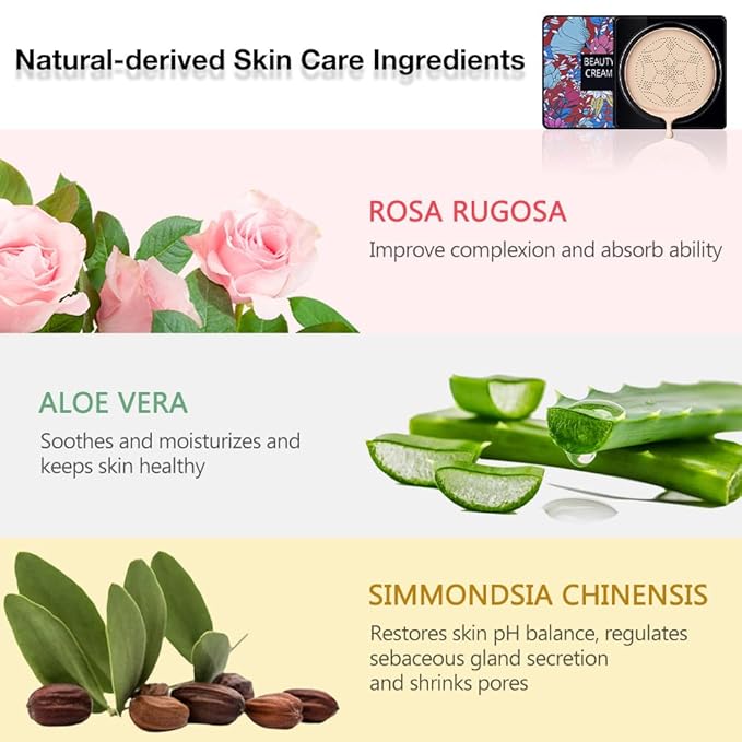 Air Cushion CC Cream Mushroom Head Foundation, BB Cream Face Makeup Foundation for Mature Skin Moisturizing Concealer Brighten Long-Lasting, Even Skin Tone for All Skin Types (02#Nature, 1)
