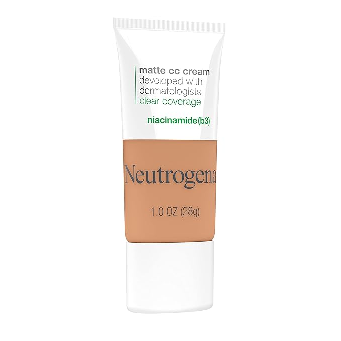 Neutrogena Clear Coverage Flawless Matte CC Cream, Full-Coverage Color Correcting Cream Face Makeup with Niacinamide (b3), Hypoallergenic, Oil Free & -Fragrance Free, Golden Ecru, 1 oz (Pack of 2)