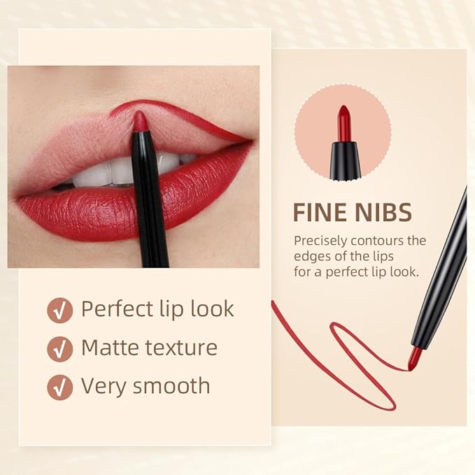 12 Colors Matte Lip Liner Set,Long Lasting Fade Resistant Lip Pencil,Waterproof Red Nude Velvet Lipstick Pen High Pigmented Lip Liner for Women