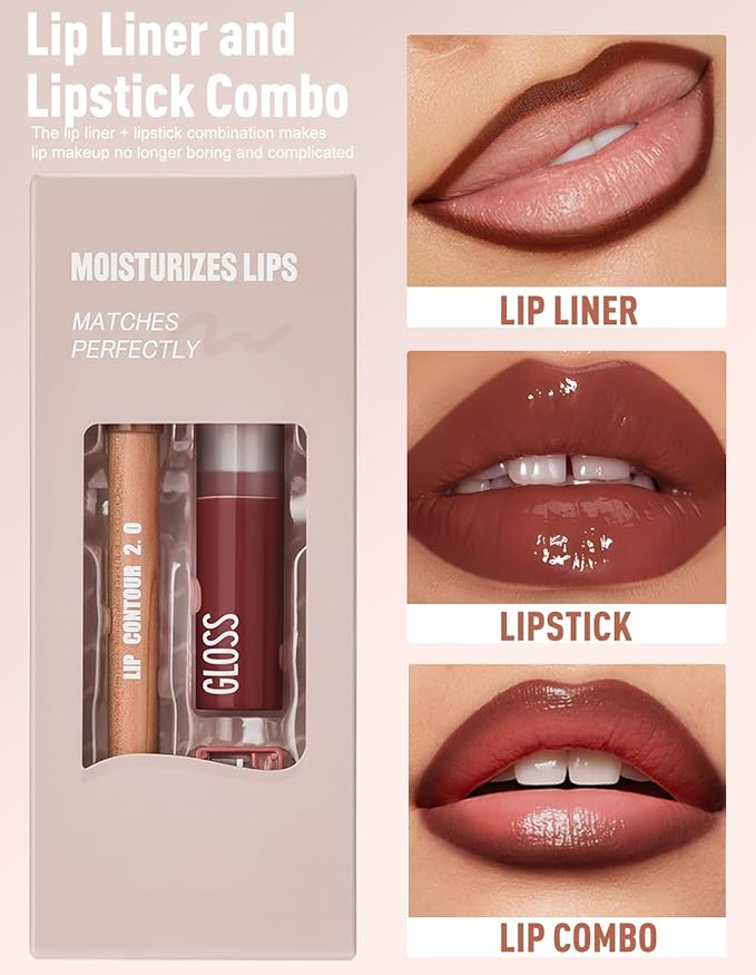 2 Pcs Lipstick and Lip Liner Set Hydrating Lip Tint Non-Sticky Lightweight Lip Balm Plumping Lip Kit for Women Matte Lip Pencil Long Lasting Gradient Glossy Lip Combo with Sharpener, 04