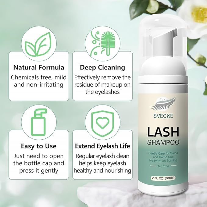 Lash Shampoo Kit for Eyelash Extension, Eyelash Shampoo 2 fl.oz / 60ml, Eyelash Extension Cleanser, Lash Eyelid Foam Cleaning Kit for Salon Use and Home Use (Tea Tree)