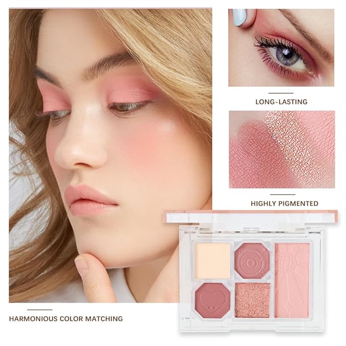 5-Color Eyeshadow Palette Matte Shimmer Duochrome, Low Saturation Velvety Blend, Day to Night Smokey Makeup, Hypoallergenic Long-Lasting Eyeshadow (#1, 1 Count (Pack of 1))