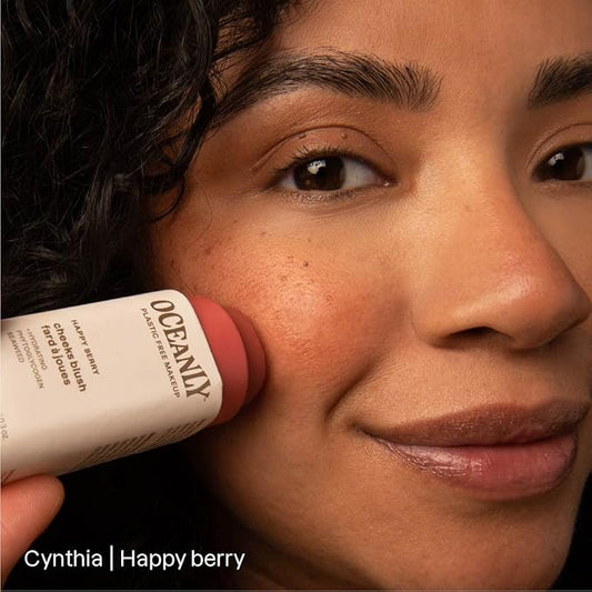 Bundle of ATTITUDE Oceanly Blush, EWG Verified, Plastic-Free, Vegan Makeup, Happy Berry, 0.3 Oz + Bronzer, Golden, 0.3 Oz + Highlighter Sunset Glow, 0.3 Oz + Lip Gloss, Happy Berry, 0.12 Oz