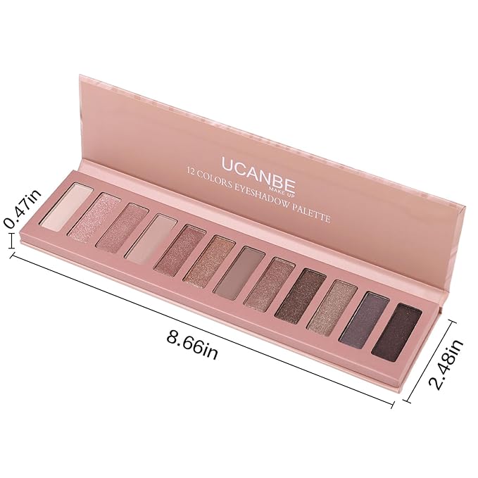 UCANBE 12 Color Eyeshadow Makeup Palette, Naked Nude Eye Shadow, Neutral Matte Shimmer Make Up Pallet with Double-ended Brush Set Kit, Highly Pigmented Long Lasting Waterproof