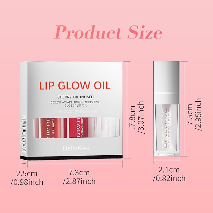 3Pcs Hydrating Lip Glow Oil - Moisturizing Tinted Lip Gloss Plumping Nourishing Shiny Long-Lasting Lip Stain with Cherry Seed Oil 0.27 fl.oz (Set C)