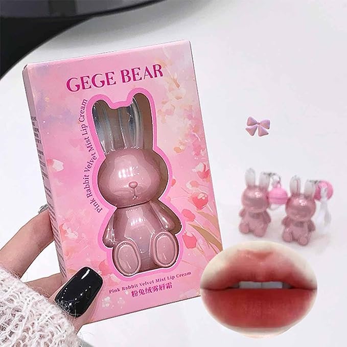 2Pcs Velvet Matte Lip Gloss Set,Cute Pink Rabbit Lip Glaze 2 in 1 Key Chain Liquid Lipstick,Non-Stick Cup Long Lasting Waterproof Bunny Lip Stain,Cute Lip Makeup for Girls