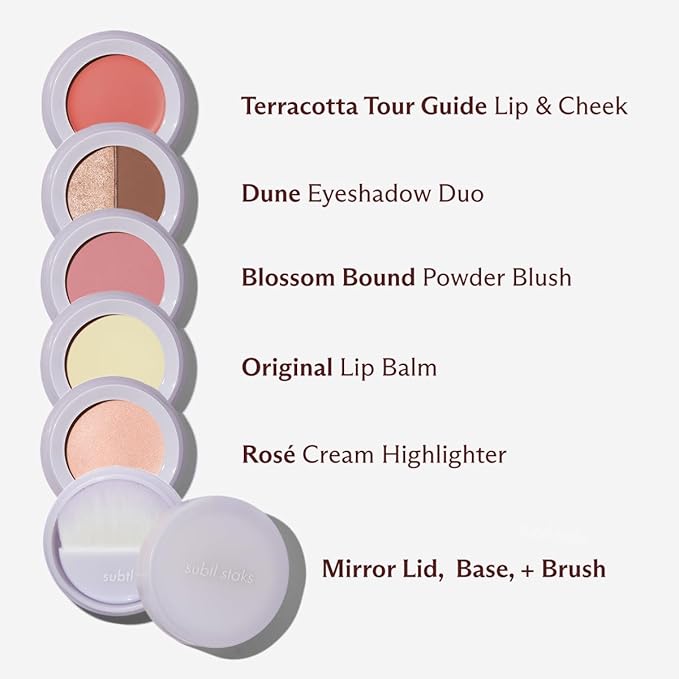 5-in-1 travel makeup kit by subtl beauty | eyeshadow duo, powder blush, cream highlighter, lip and cheek, lip balm | free travel mirror and brush | stackable makeup for travel