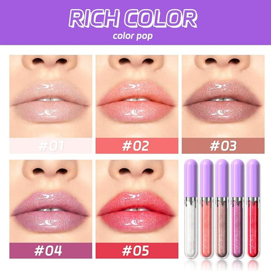 5Pcs Glitter Liquid Lip Gloss Set, Diamond Shimmer Lipstick, Waterproof Shimmer Lip Stain Lip Glaze, High Shine Long Lasting Shiny Lip Color Makeup (Set:Y-01)