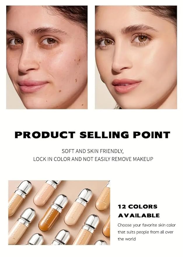 12-Shade Full Coverage Long Lasting Concealer, Waterproof Liquid Foundation For All Skin Types, Matte Finish, Buildable Coverage (7, 8ml)