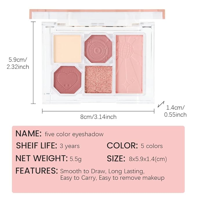 5-Color Eyeshadow Palette Matte Shimmer Duochrome, Low Saturation Velvety Blend, Day to Night Smokey Makeup, Hypoallergenic Long-Lasting Eyeshadow (#1, 1 Count (Pack of 1))