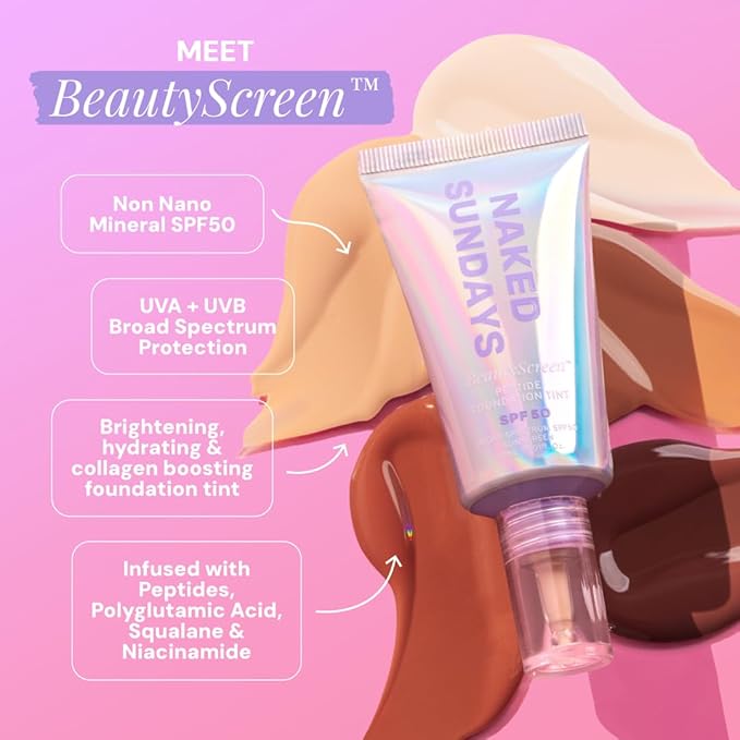 Naked Sundays BeautyScreen™ SPF 50 Mineral Peptide Foundation Tint – 2-in-1 Skin Tint & Mineral Sunscreen | Radiant, Buildable Coverage, Acne-Safe, Infused with Peptides (2 Fair Sand, 1.01 oz)