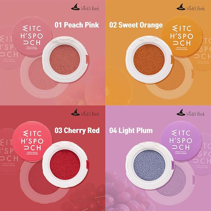 Witch's Pouch Blush Cushion Korean Makeup Cheek Toneup Facial Cushion Blusher Cutie Size Moisturizing Color Correction Flawless Coverage Vivid Colors (02 Sweet Orange)