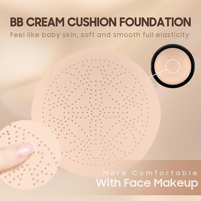 Air Cushion CC Cream Foundation - Mushroom Head BB Creams, Long Lasting Concealing Brightening, Moisturizer Face Cream,Facial Skin Care Makeup For All Skin Types (Buff Beige)