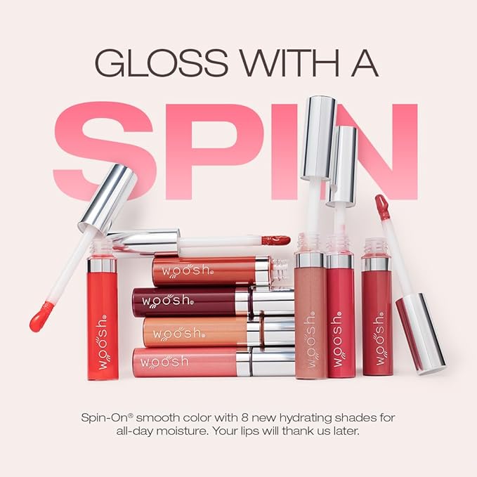 Woosh Beauty, Spin-On Lip Gloss, Hydrating Hyaluronic Acid & Shea Butter, No Fine Lines, Shine Finish, Vegan & Cruelty-Free