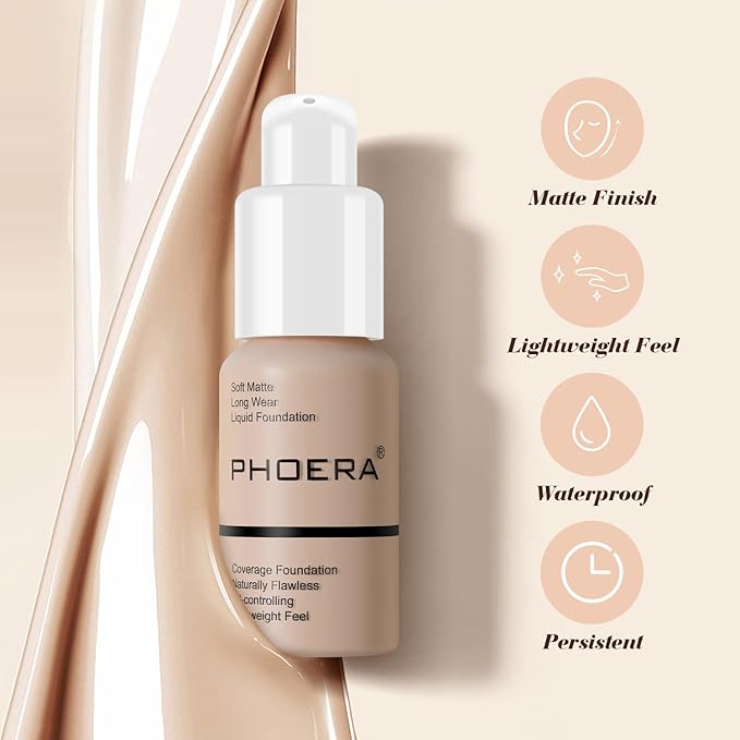 BestLand PHOERA Foundation Full Coverage Liquid Foundation Cream - Long-lasting Lightweight Concealer - Oil-Free Formula - Natural Shade - Suitable for All Skin Types (Nude #102)