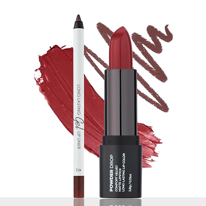Red Matte Lip Essentials Bundle: Gel Lip Liner Pencil 412 and Powder Drop Lipstick 401 Set