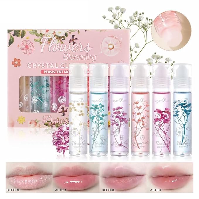Petansy Flower Jelly Lip Oil Set 6 Packs Moisturizer Long Lasting Roll On Lip Gloss Set with Real Flowers Glossy Lip Make-up for Dry and Chapped Lips