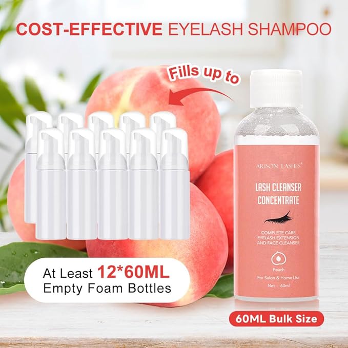 Eyelash Cleanser Concentrate 60ml Professional Lash Extensions Shampoo Natural Foaming Cleanser for Extensions Lashes with Salon Home Care-Makes 12 Bottles 60ml Eyelash Shampoo (Peach)