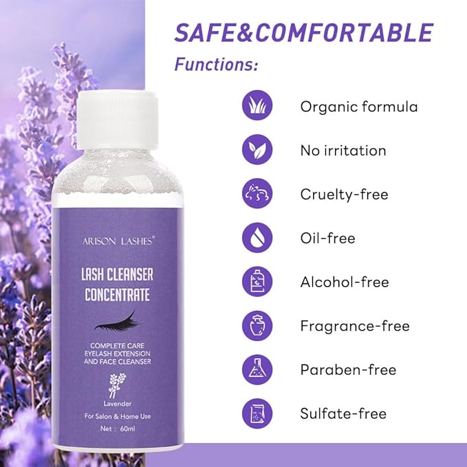 Eyelash Cleanser Concentrate 60ml Professional Lash Extensions Shampoo Natural Foaming Cleanser for Extensions Lashes with Salon Home Care-Makes 12 Bottles 60ml Eyelash Shampoo (lavender)