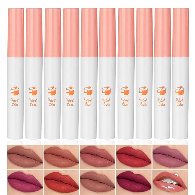 10 Colors Lipstick Tube Red Matte Velvet Lip Tint Stain Set, Natural Ingredients Lip Gloss Set, Waterproof & Long Lasting 24 Non-Sticky