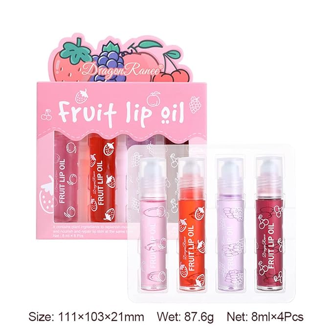 4 Pcs Fruit-Flavored Lip Gloss Set,Transparent Colorless Moisturizing Plumper Lip Lotion Rolling Ball Lip Oil Liquid Lipstick