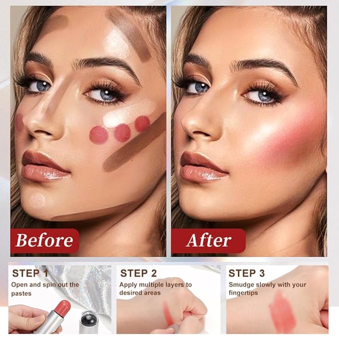 3-Pack Face Stick Set - Contour, Highlighter, and Blush Sticks, Creamy Texture, Beginner-Friendly, Natural Finish - for Cheeks and Lips