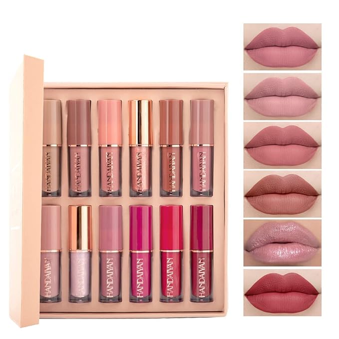 12 Colors Book Style Velvet Matte Liquid Lipstick Christmas Gift Set Long-Lasting Non-Stick Cup Not Fade Shimmer Nude Lip Gloss Thanks For the Love Lip Set (Set A)
