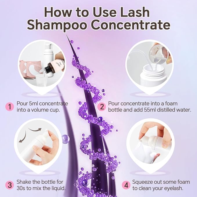 Lash Shampoo Concentrate 100ml for Lash Extension, Lash Shampoo Kit for Eyelash Cleansing, Oil-Free Eyelash Extension Cleanser Concentrate, Lash Cleaning Kit with Brush Bottle