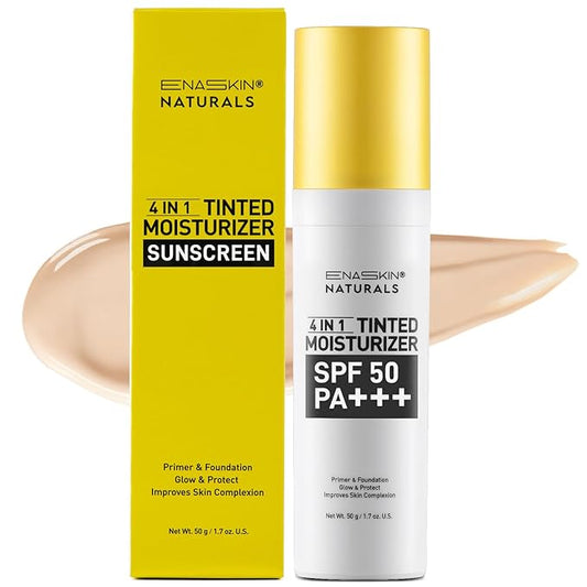 Tinted Moisturizer with SPF 50:Enaskin Naturals Face Tinted Sunscreen with Light Sheer Coverage, UVA/UVB Protection with Broad Spectrum PA+++ - 1.7 oz