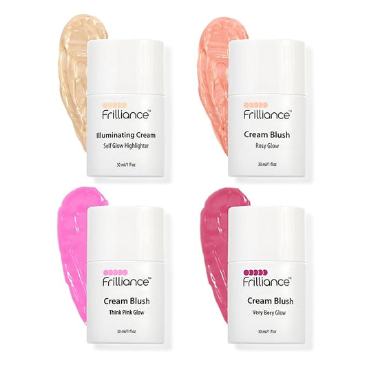 Frilliance Illuminating Cream, Hydrating Highlighter & Blush Vault Bundle, (4 Pack - Rosy Glow, Very Berry, Think Pink, Self-Glow, 30 ml / 1 fl oz each) Cruelty Free Hypoallergenic for All Skin Types