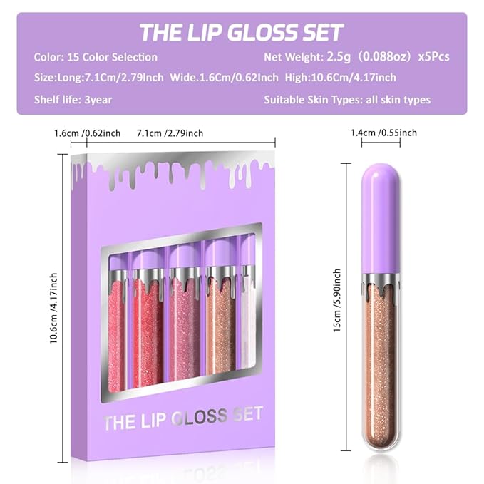 5Pcs Glitter Liquid Lip Gloss Set, Diamond Shimmer Lipstick, Waterproof Shimmer Lip Stain Lip Glaze, High Shine Long Lasting Shiny Lip Color Makeup (Set:Y-03)