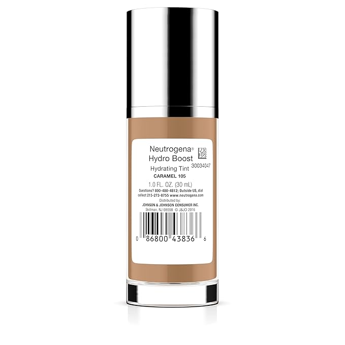 Neutrogena Hydro Boost Hydrating Tint with Hyaluronic Acid, Lightweight Water Gel Formula, Moisturizing, Oil-Free & Non-Comedogenic Liquid Foundation Makeup, 105 Caramel Color 1.0 fl. oz