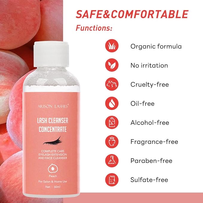 Eyelash Cleanser Concentrate 60ml Professional Lash Extensions Shampoo Natural Foaming Cleanser for Extensions Lashes with Salon Home Care-Makes 12 Bottles 60ml Eyelash Shampoo (Peach)