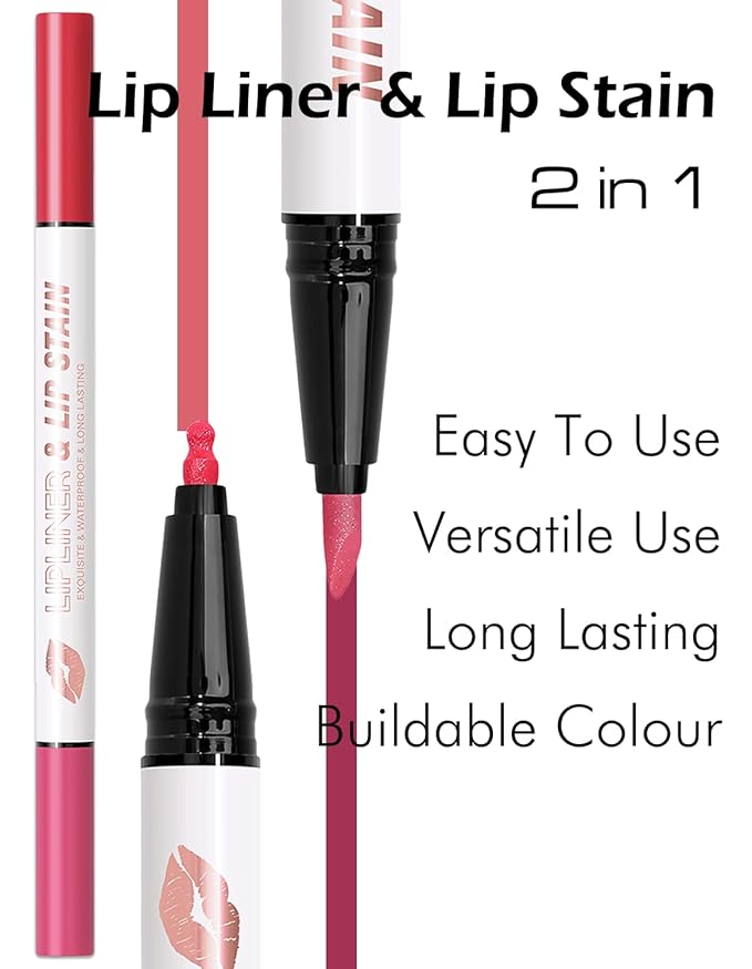 Double-headed Lip Liner Stain Long Lasting Waterproof 2 Colors Liquid Lip Liner Pencil Marker High Pigmented Smooth Application Precise Pen-Like & Chisel Tip Hydrating Lipstick for Women, 02