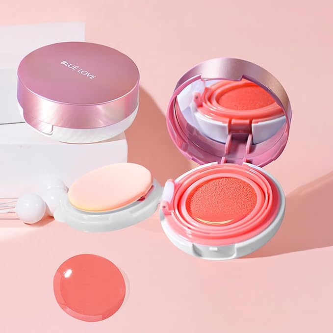 BLUE LOVE Cushion Liquid Blush - Silky Cream Formula for Cheeks, Natural Glow Makeup with Sheer Finish, for Contouring and Highlighting (01# Pink Orange)