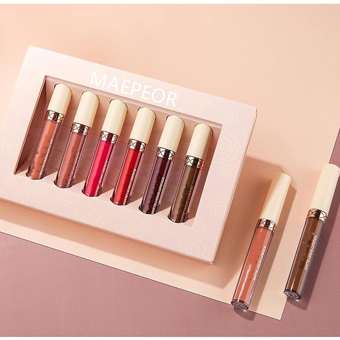 MAEPEOR Matte Liquid Lipstick 6PCS Nude Brown Velvety Lip Gloss Kit Long-Lasting Wear Non-Stick Cup and Not Fade Lipstick Set for All Undertone (Nude-Brown Series, 6PCS-D)