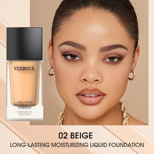 Long-Lasting Moisturizing Liquid Foundation, Waterproof, Concealer with Brightening Effect (02# Beige, 30ml)