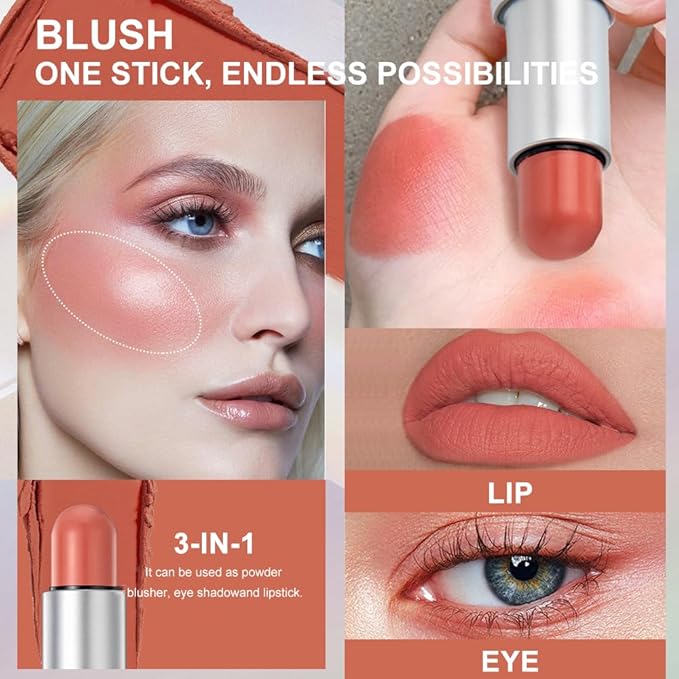 Face Stick Set - Contour, Highlighter, and Blush Sticks, Creamy Texture, Beginner-Friendly, Natural Finish - for Cheeks and Lips-BLUSH