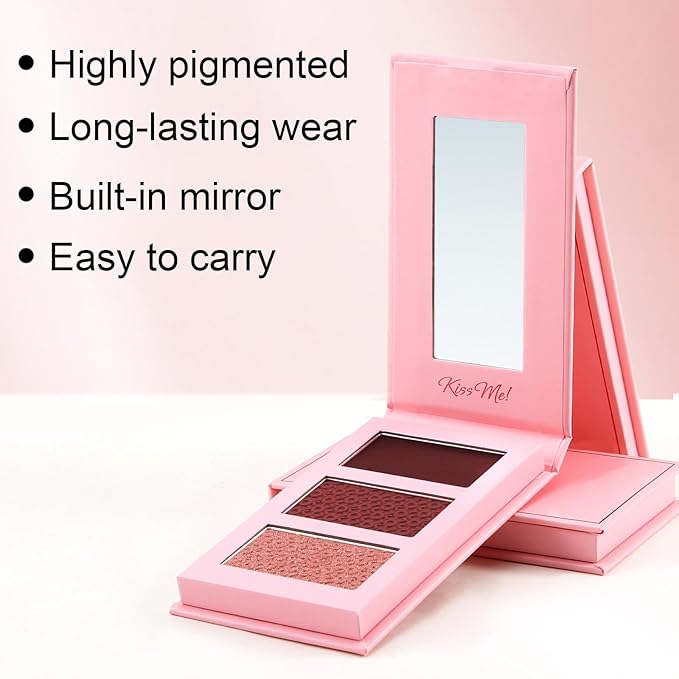 3 Color Highlighter Makeup Palette, Matte Powder Blush for Cheeks, Lightweight, Blendable, Shimmer Shadow Powder with Mirror, Easy to Create Natural Three-dimensional Look