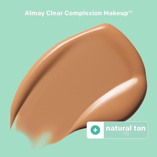 Almay Clear Complexion Acne Foundation Makeup with Salicylic Acid, Medium Coverage, Soft Matte Finish, Hypoallergenic, Cruelty- & Fragrance-Free, Dermatologist Tested, 710 Natural Tan, 1 fl oz