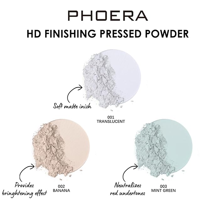 PHOERA Foundation Pressed Face Powder, Soft Focus Setting Powder, Silky Powder For Creating Without Shine, Smooths Pores & Lines, Up to 24H Wear Oil Control,0.28 Oz (002 Banana)