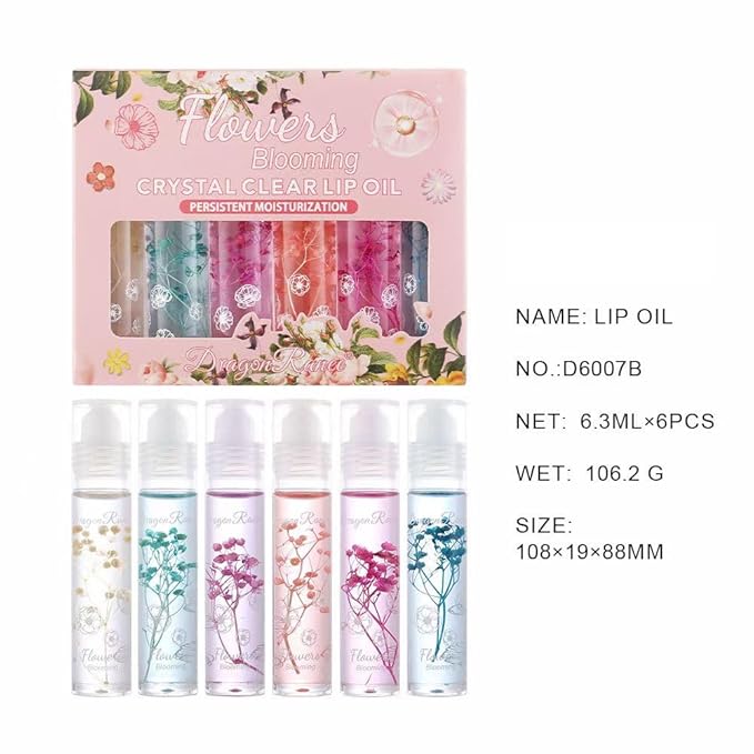 Petansy Flower Jelly Lip Oil Set 6 Packs Moisturizer Long Lasting Roll On Lip Gloss Set with Real Flowers Glossy Lip Make-up for Dry and Chapped Lips