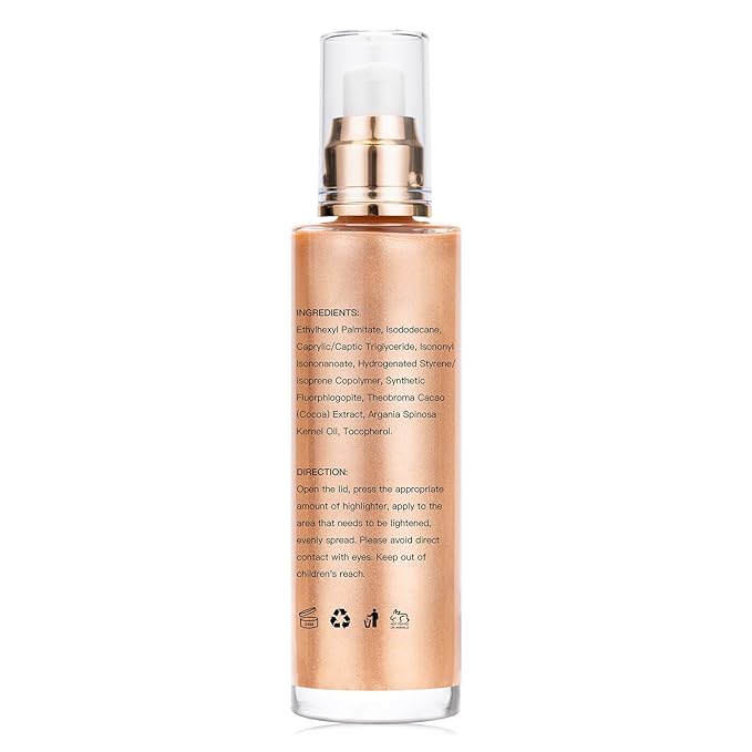 Body Shimmer Oil, Rose Gold Face Brighten Glow Body Luminizer Highlighter Liquid Illuminator with Makeup Brush, Long Lasting Moisturizing Glitter Oil for Makeup (3.38 Fl Oz/#05)
