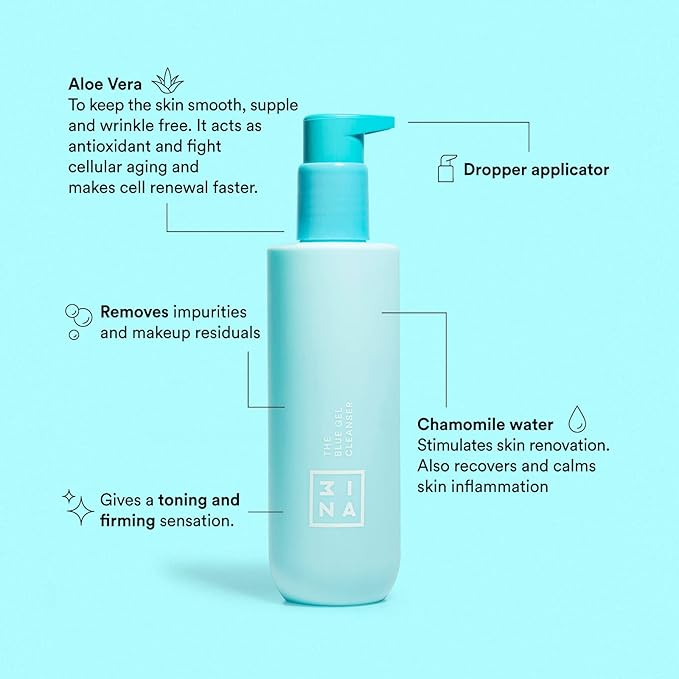 3ina MAKEUP - Vegan - Cruelty Free - The Blue Gel Cleanser - Blue - Makeup remover - Refreshing micellar formula - Aloe & Hamamelis - Smooths, calms, refresh and purifies skin