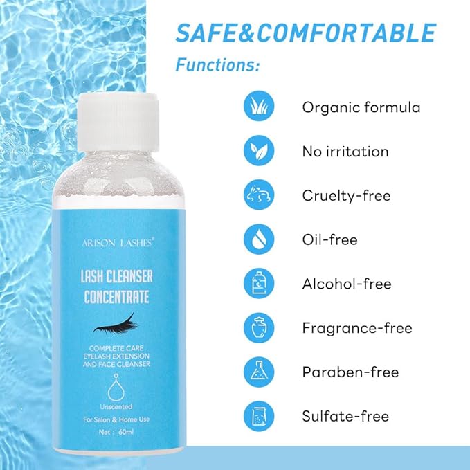 Eyelash Cleanser Concentrate 60ml Professional Lash Extensions Shampoo Natural Foaming Cleanser for Extensions Lashes with Salon Home Care-Makes 12 Bottles 60ml Eyelash Shampoo (unscented)