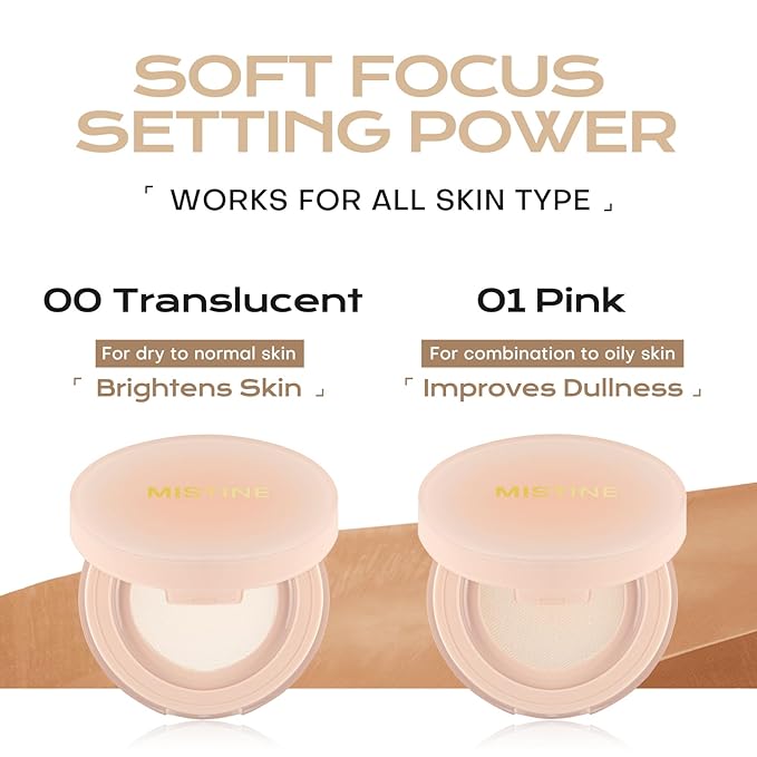 MISTINE Translucent Loose Setting Powder, Lightweight & Breathable Talc Free Translucent Powder, Brightens Skin,Blur Setting Powder, Semi-Matte Finish, Translucent White, 0.28 Oz