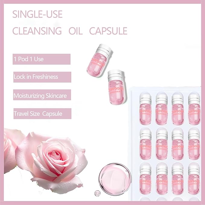 20PCS Mini Clensing Oil for Face, Jojoba & Rose Oil Makeup Remover Travel Size, Lightweight Softening Soothing Gentle for All Skin Types, Individually Packaged Units, 2ml x 20 Capsules