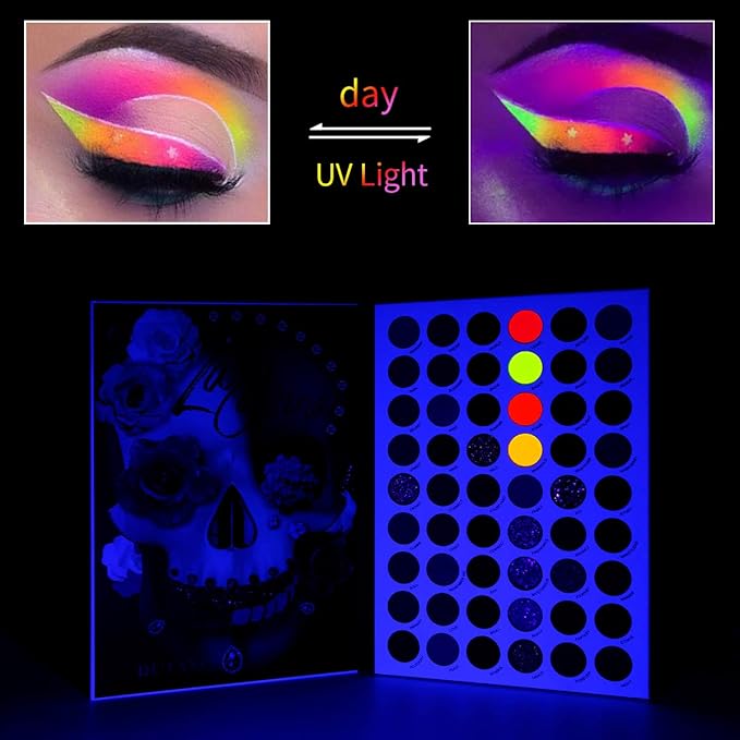 La Catrina 54 Color Pro Eyeshadow Palette Glow in Dark- Glitter, Shimmer, Matte & Multichrome Eye Shadow, Long Lasting Neon Blacklight Makeup Pallet for Halloween, Party, Costume Makeup, Cruelty-Free